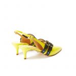 Yellow patent leather slingbacks with embroidered straps and kitten heel, SS19 collection by Fragiacomo, back view
