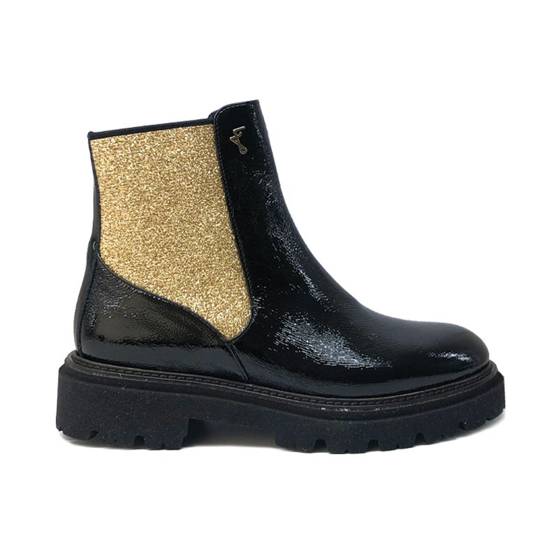Ankle boot in black patent and glittery gold elastic by Fragiacomo
