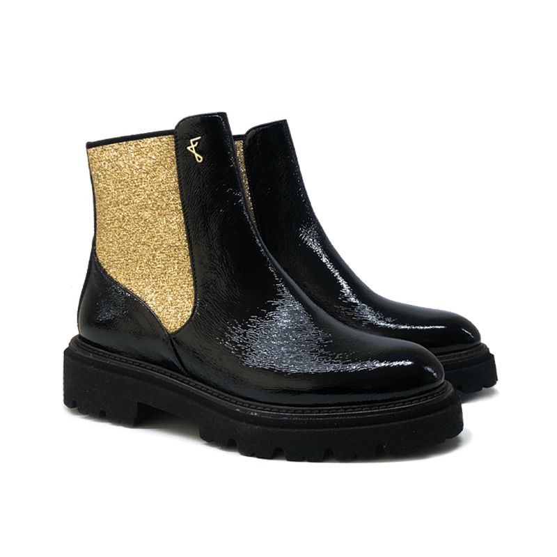 Ankle boot in black patent and glittery gold elastic by Fragiacomo