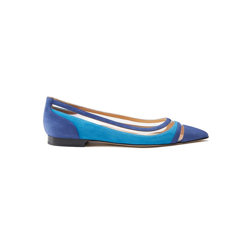 Ballerine in camoscio azzurro e blu fatte a mano in Italia con dettagli in pvc trasparente, modello da donna by Fragiacomo
