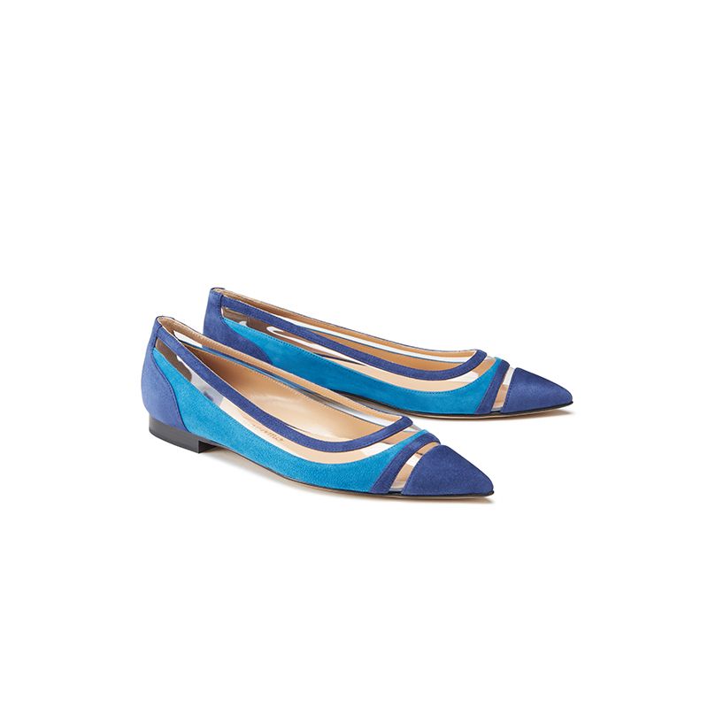 Ballerine in camoscio azzurro e blu fatte a mano in Italia con dettagli in pvc trasparente, modello da donna by Fragiacomo