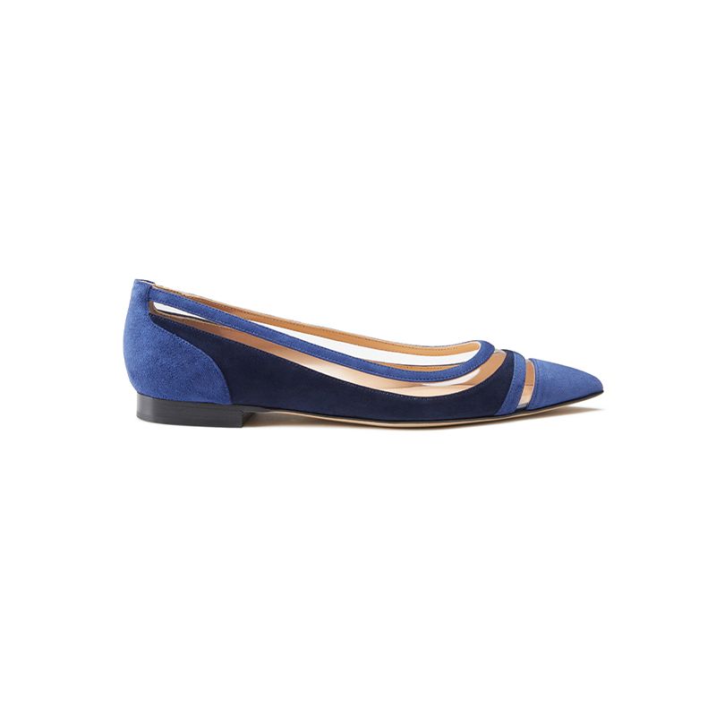 Ballerine in camoscio blu e blu scuro fatte a mano in Italia con dettagli in pvc trasparente, modello da donna by Fragiacomo
