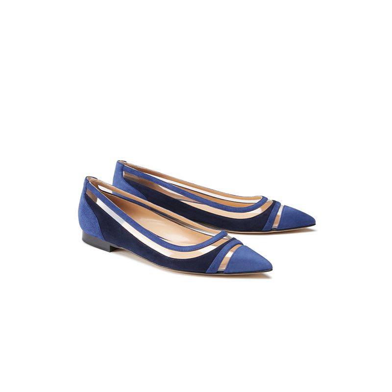 Ballerine in camoscio blu e blu scuro fatte a mano in Italia con dettagli in pvc trasparente, modello da donna by Fragiacomo