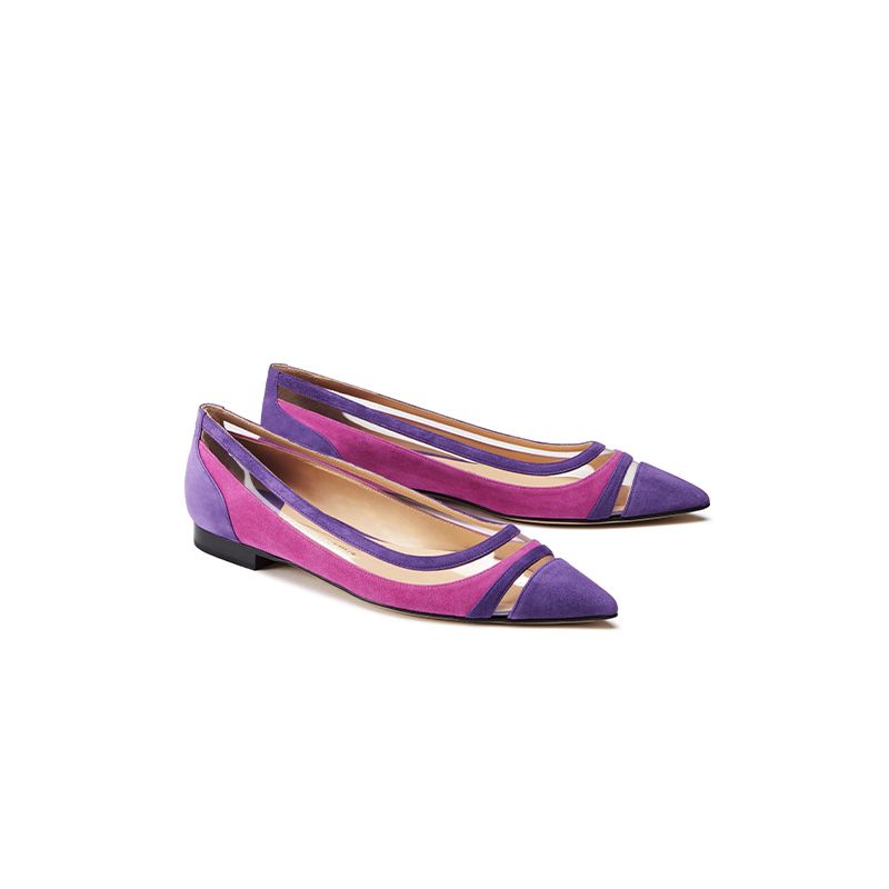 Ballerine in camoscio viola e fucsia fatte a mano in Italia con dettagli in pvc trasparente, modello da donna by Fragiacomo