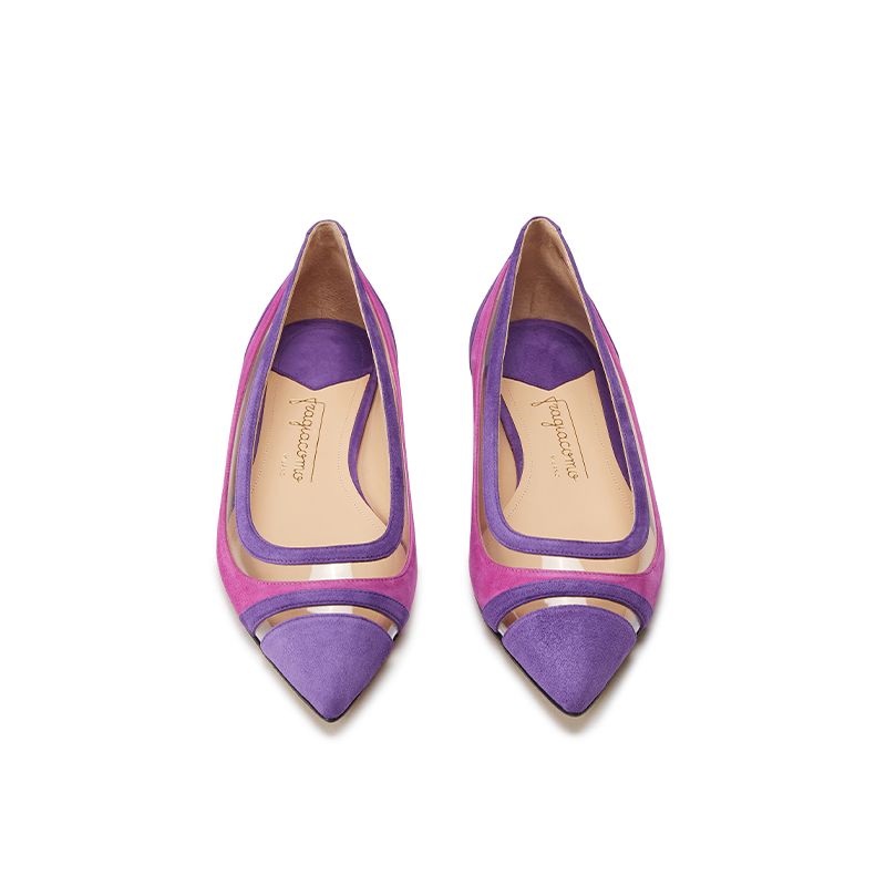 Ballerine in camoscio viola e fucsia fatte a mano in Italia con dettagli in pvc trasparente, modello da donna by Fragiacomo