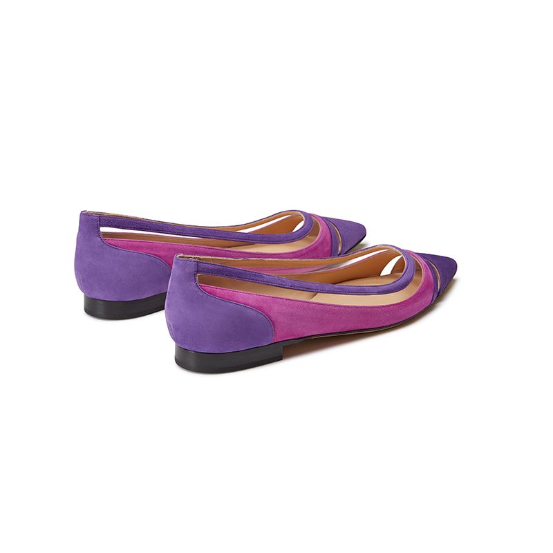 Ballerine in camoscio viola e fucsia fatte a mano in Italia con dettagli in pvc trasparente, modello da donna by Fragiacomo