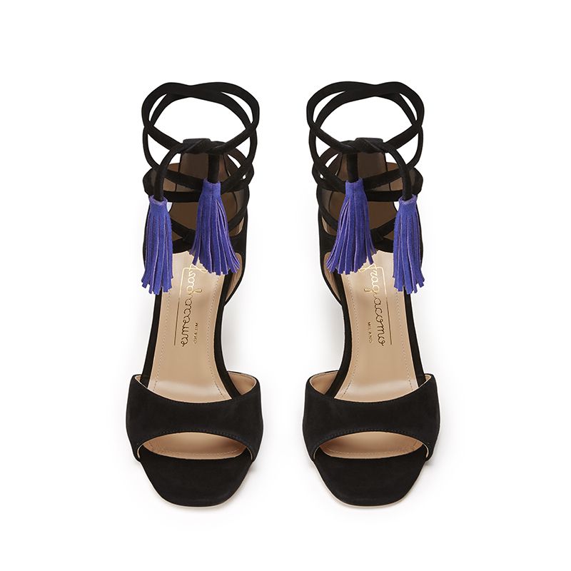 Black and violet suede sandals with ankle laces and high heel 85 mm, SS21 collection by Fragiacomo, side view