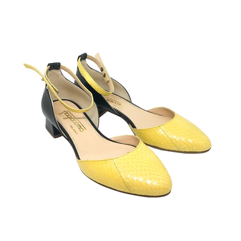 Black and yellow leather low heel pumps hand made in Italy, women's model by Fragiacomo