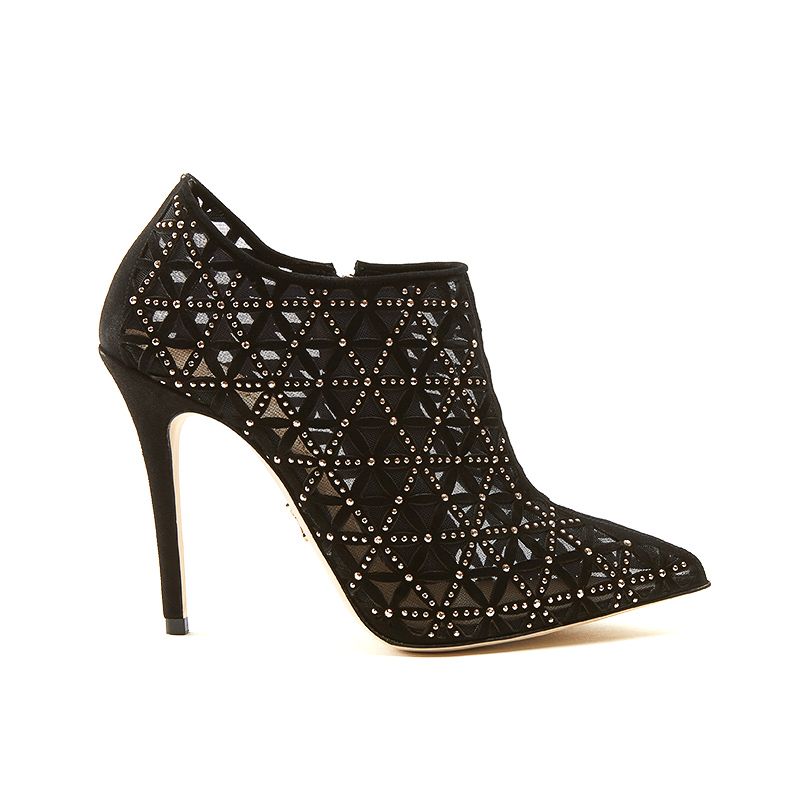 Black suede ankle boots with iconic laser cut pattern, small gold studs and 100 mm stiletto heel