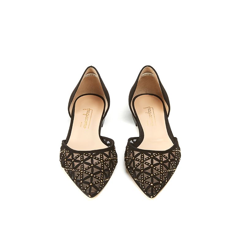 Black suede ballerinas with iconic laser cut pattern, small gold studs and 10 mm heel