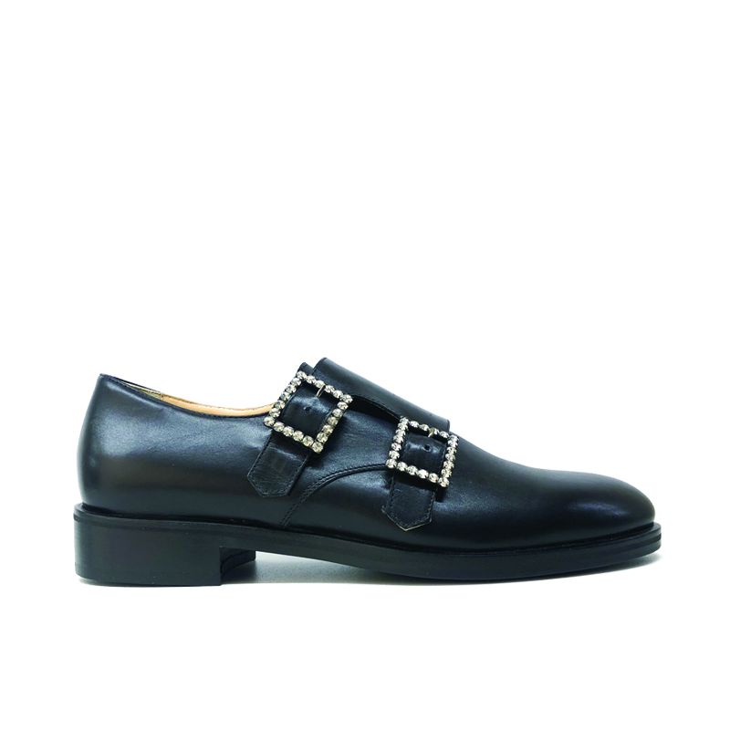 Black calf leather monk-straps with crystal buckles by fragiacomo
