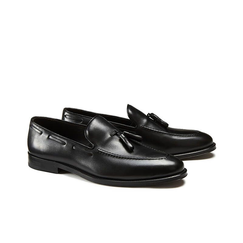 Black calfskin tassel loafers, hand made in Italy, elegant men's by Fragiacomo