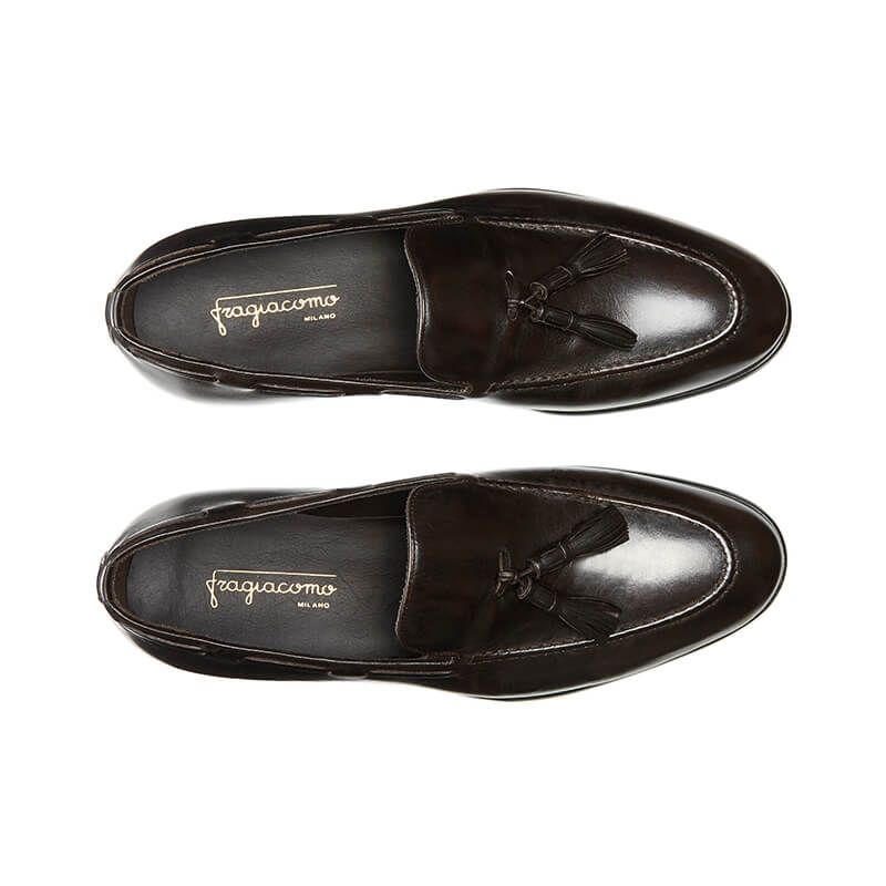 Handmade dark brown leather tassel loafers, men's model by Fragiacomo