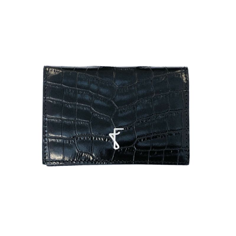 Handmade in Italy black crocodile embossed leather business card holder with silver accessories, elegant men's by Fragiacomo