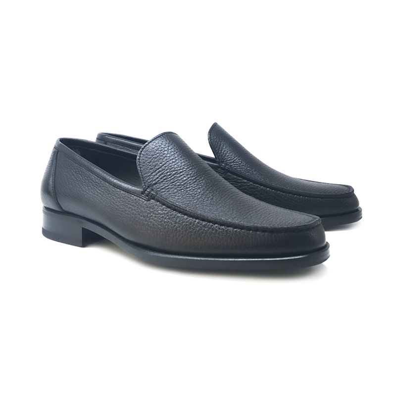 Black deer leather tubular loafers, hand made in Italy, elegant men's by Fragiacomo