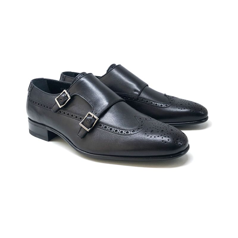 Black calfskin monk-strap shoes, hand made in Italy, elegant men's by Fragiacomo