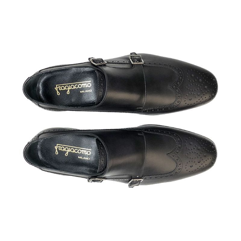 Black calfskin monk-strap shoes, hand made in Italy, elegant men's by Fragiacomo