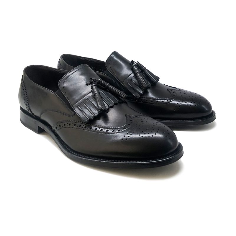 Black leather brogue tassel loafers by Fragiacomo