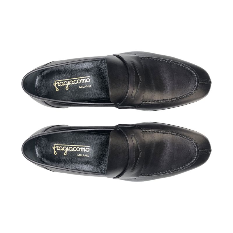 Black deer leather tubular penny loafers, hand made in Italy, elegant men's by Fragiacomo