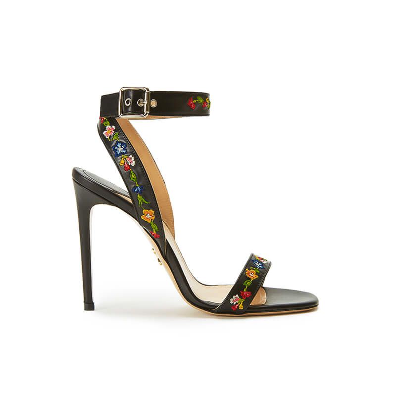 Black leather sandals with embroidered straps and high 100mm stiletto heel, SS19 collection by Fragiacomo