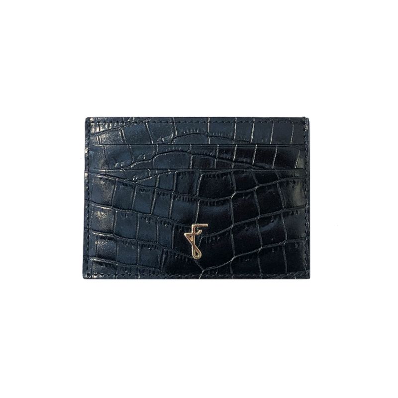Handmade in Italy black crocodile embossed leather card holder with gold accessories, elegant men's by Fragiacomo