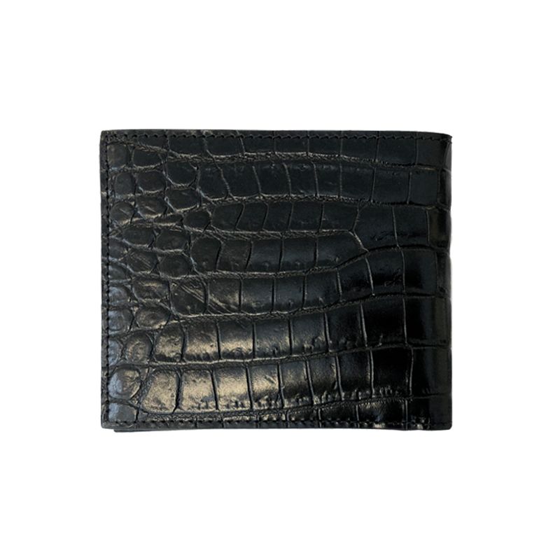 Handmade in Italy black crocodile embossed leather wallet with silver accessories, elegant men's by Fragiacomo