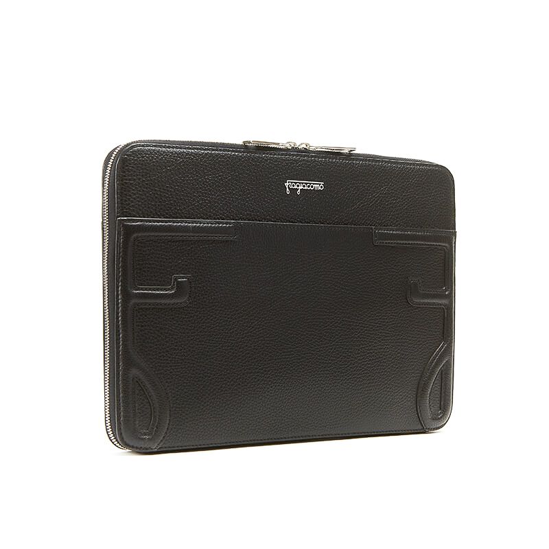Handmade in Italy black moose leather 13 inches laptop case with silver zipper, elegant men's by Fragiacomo, side view