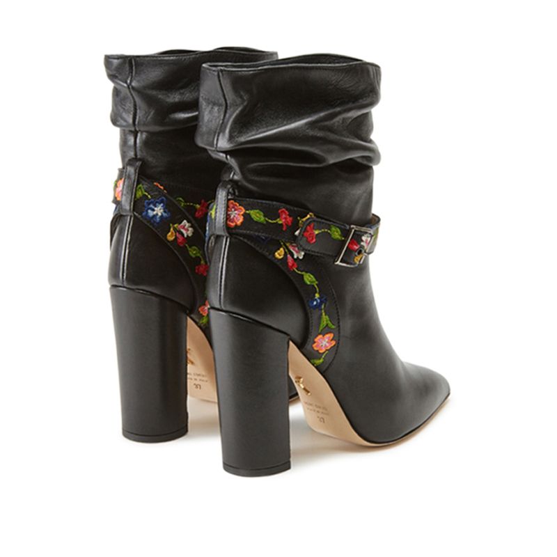 Black nappa leather ankle boots with embroidered straps hand made in Italy, women's model by Fragiacomo, back view