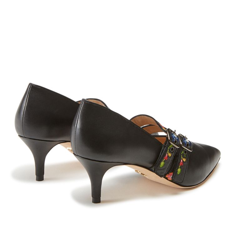 Black nappa leather pumps with embroidered straps hand made in Italy, women's model by Fragiacomo, back view