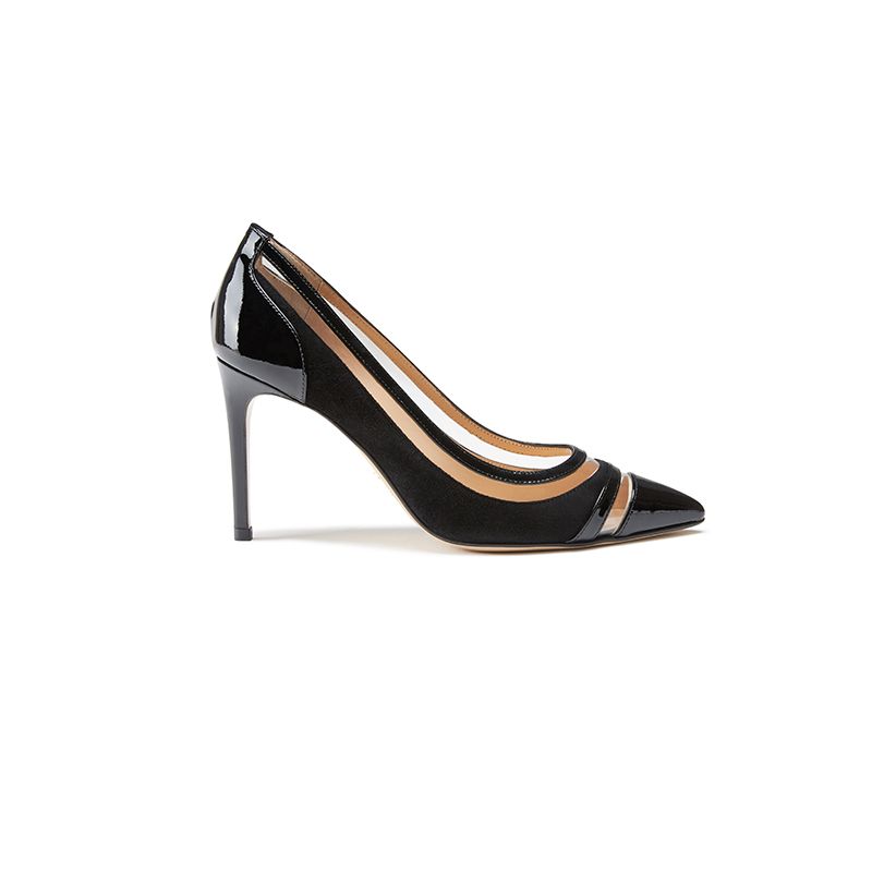 Black patent leather and suede pumps with pvc inserts hand made in Italy, women's model by Fragiacomo