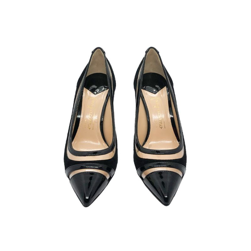 Black patent leather and suede pumps with pvc inserts hand made in Italy, women's model by Fragiacomo