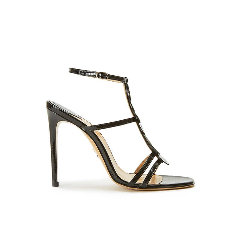 Black patent leather sandals with ankle strap, leather discs and high heel 100mm, SS19 collection by Fragiacomo
