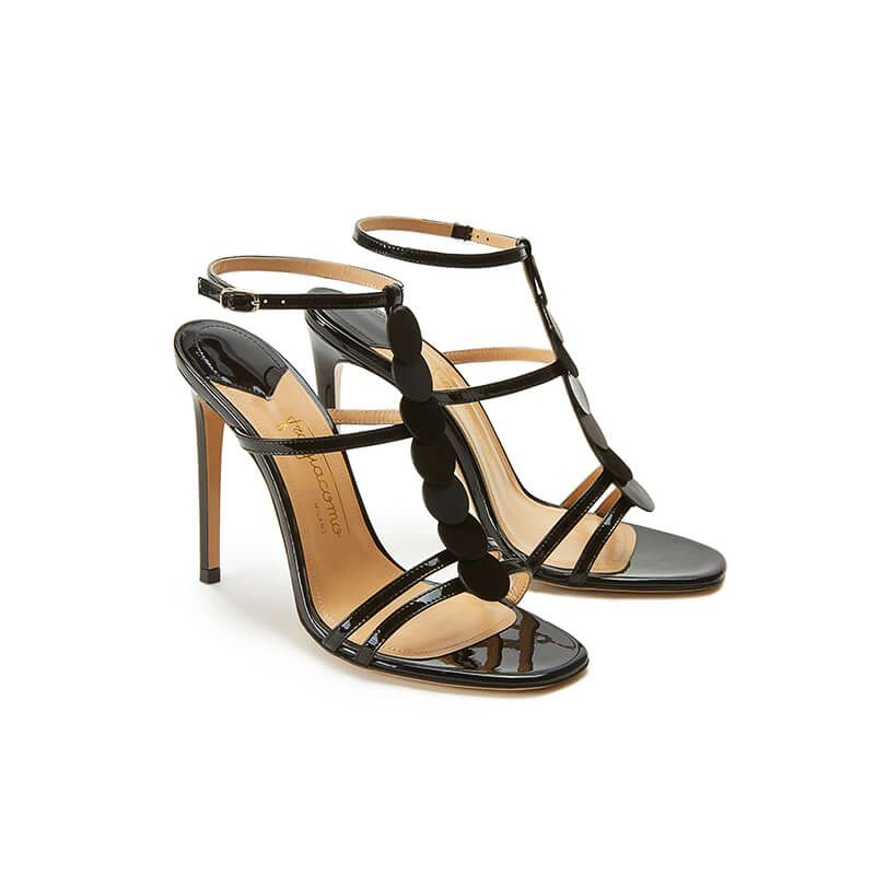 Black patent leather sandals with ankle strap, leather discs and high heel 100mm, SS19 collection by Fragiacomo, side view