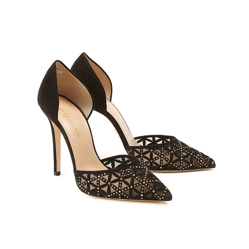 Black suede pumps with iconic laser cut pattern, small gold studs and 100 mm stiletto heel