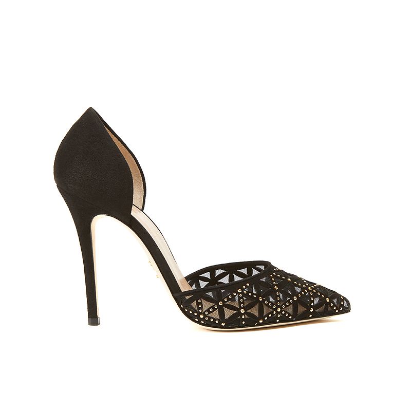 Black suede pumps with iconic laser cut pattern, small gold studs and 100 mm stiletto heel