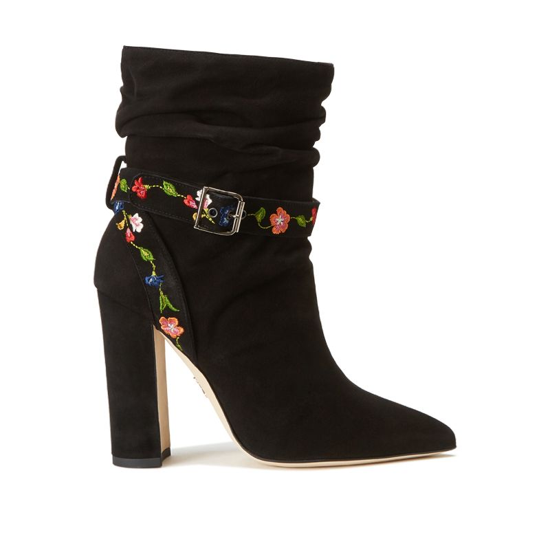 Black suede ankle boots with embroidered straps - Luxury by Fragiacomo