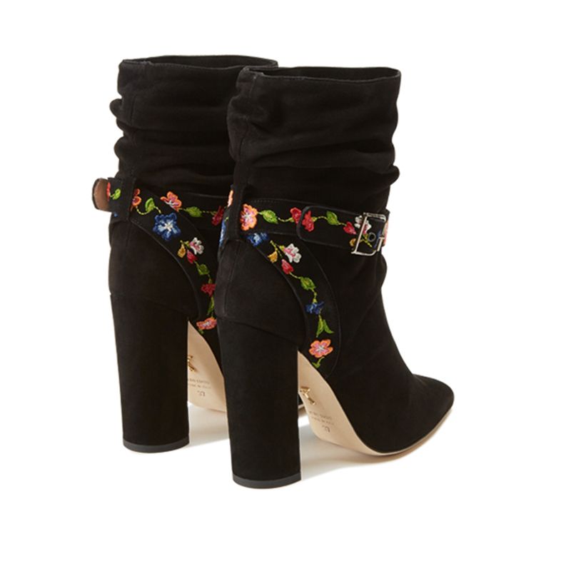 Black suede ankle boots with embroidered straps - Luxury by Fragiacomo, back view