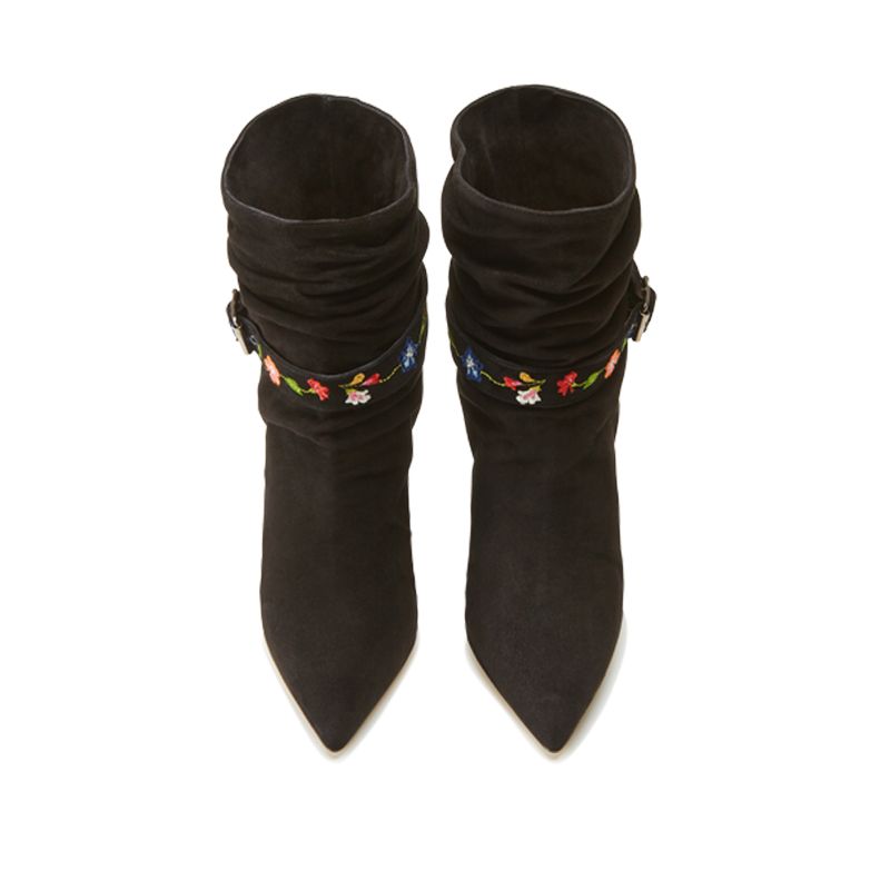 Black suede ankle boots with embroidered straps - Luxury by Fragiacomo, over view