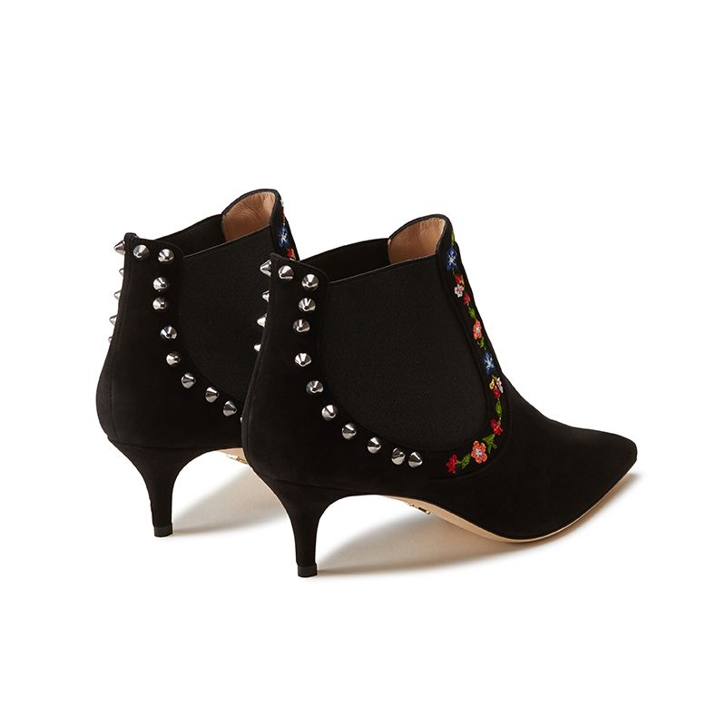 Black suede ankle boots hand made in Italy with studs and floral embroidery, women's model by Fragiacomo, back view