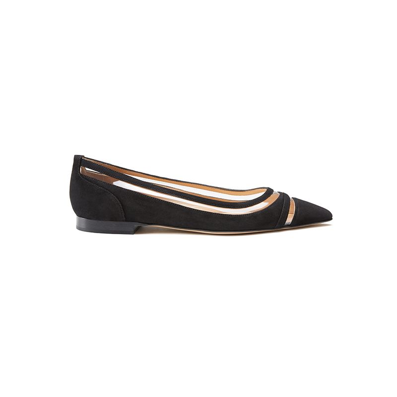 Black suede ballerinas with pvc details hand made in Italy, women's model by Fragiacomo