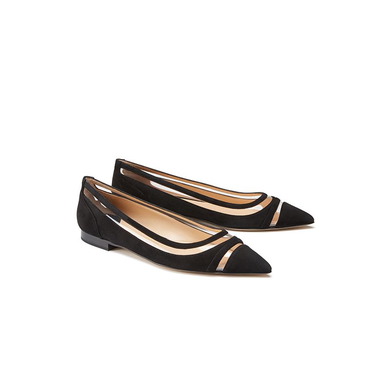 Black suede ballerinas with pvc details hand made in Italy, women's model by Fragiacomo