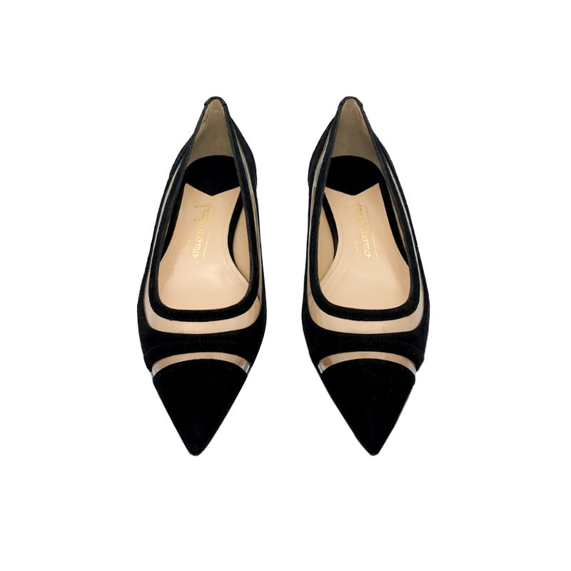 Black suede ballerinas with pvc details hand made in Italy, women's model by Fragiacomo