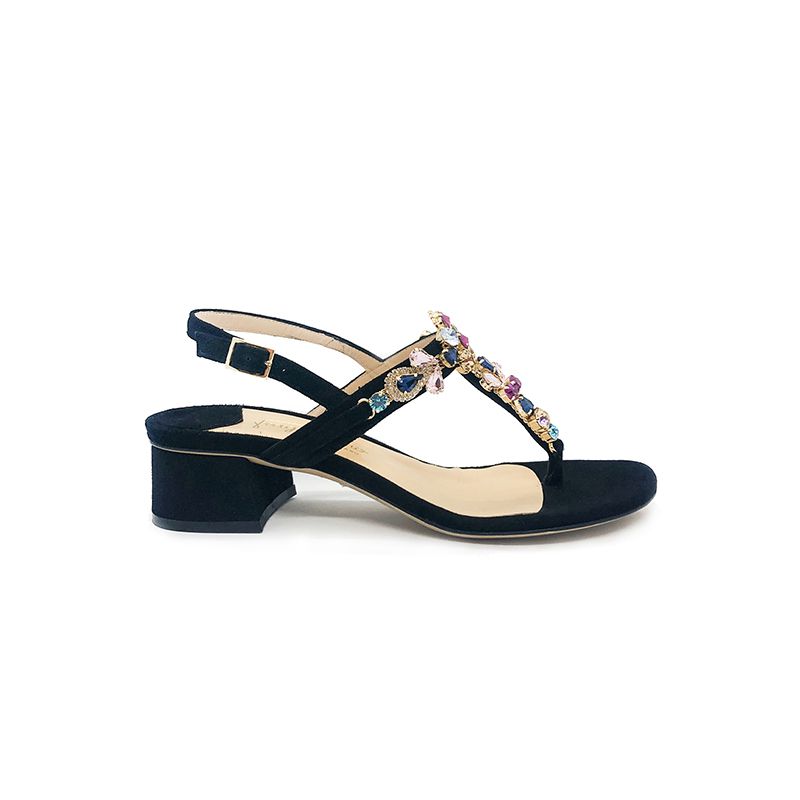 Black suede sandals with multicolor crystals hand made in Italy, women's model by Fragiacomo