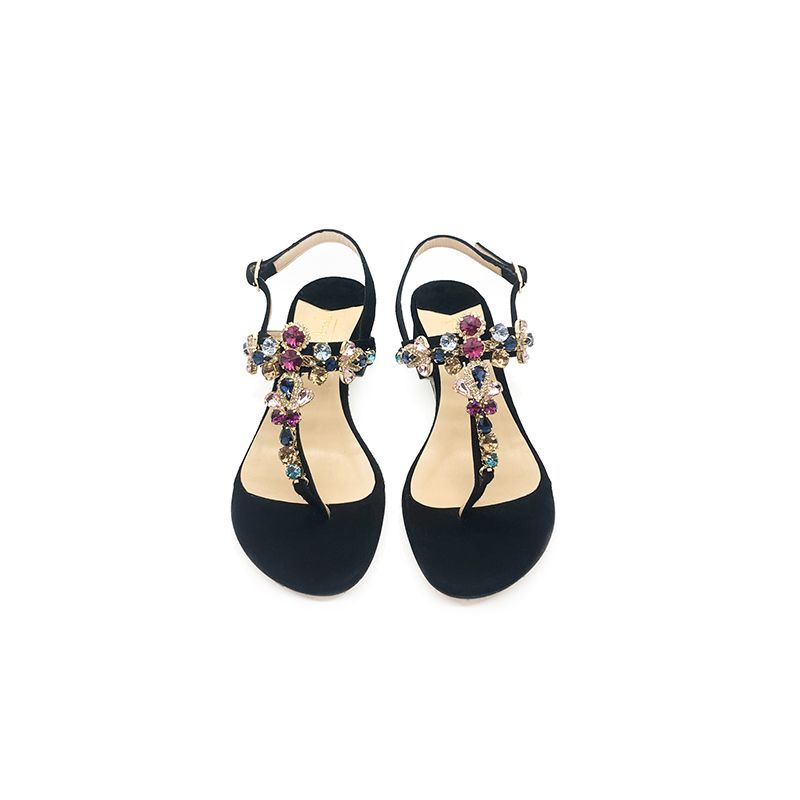 Black suede sandals with multicolor crystals hand made in Italy, women's model by Fragiacomo