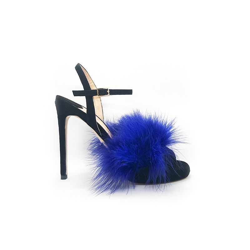 Black suede high heel sandals with violet feathers hand made in Italy, women's model by Fragiacomo