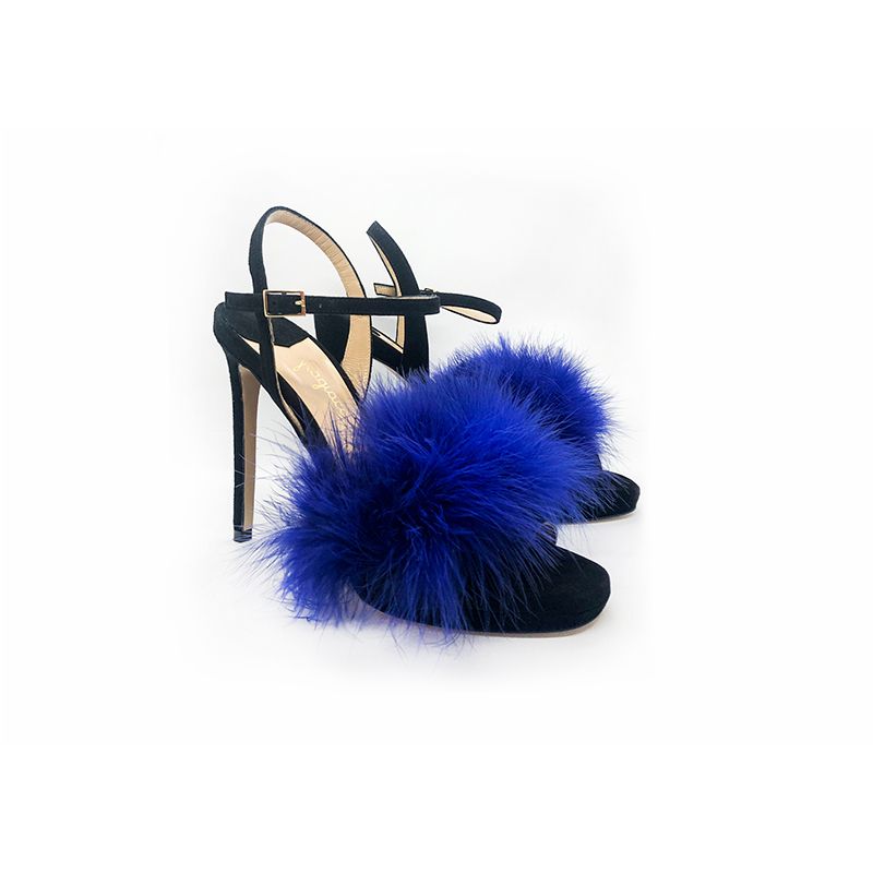 Black suede high heel sandals with violet feathers hand made in Italy, women's model by Fragiacomo
