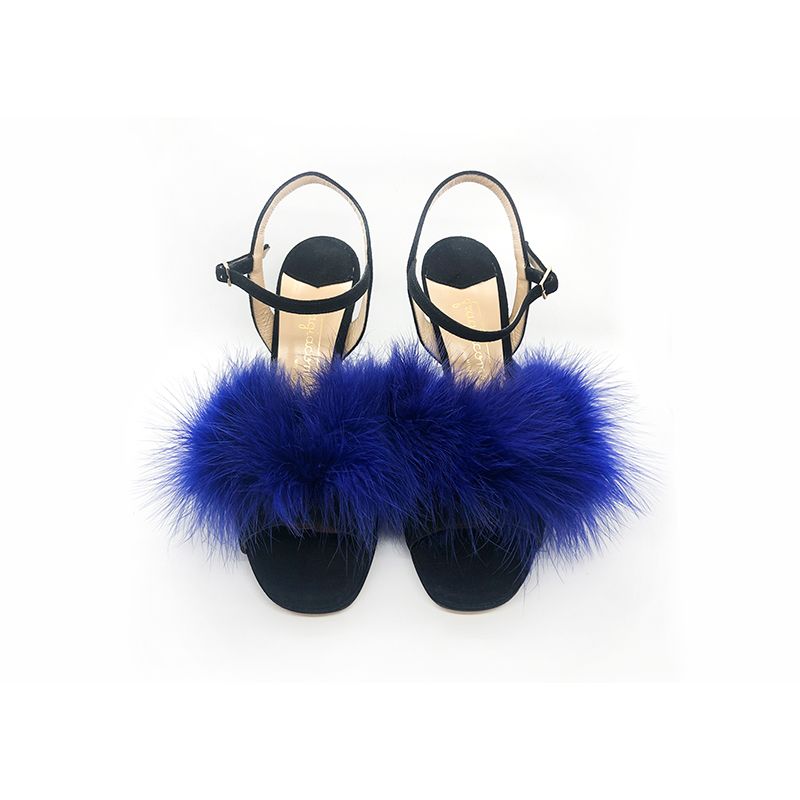 Black suede high heel sandals with violet feathers hand made in Italy, women's model by Fragiacomo