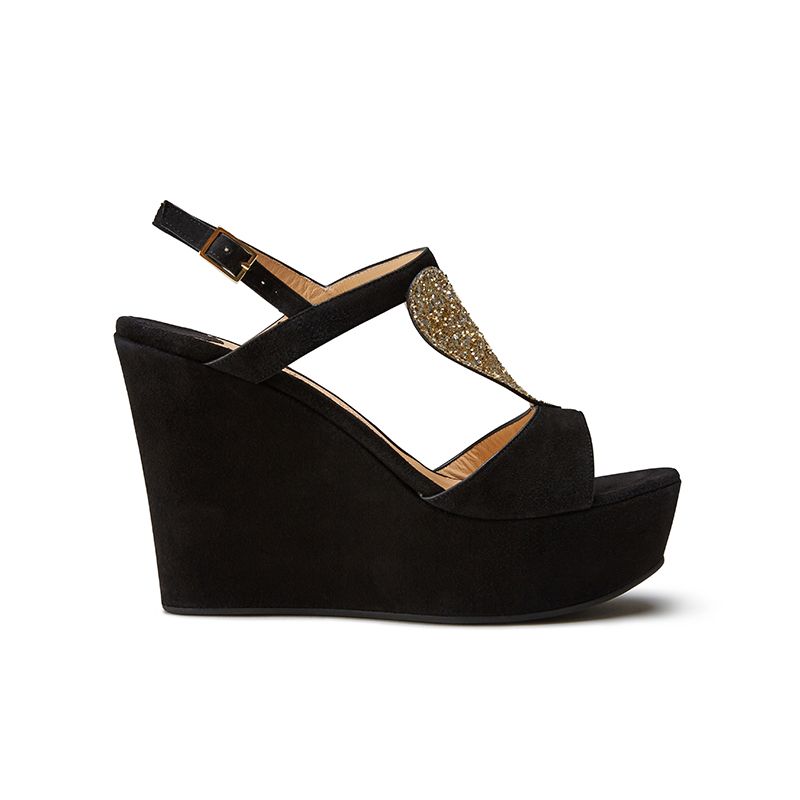 Black suede platform sandals with gold glitter symbols hand made in Italy, women's model by Fragiacomo