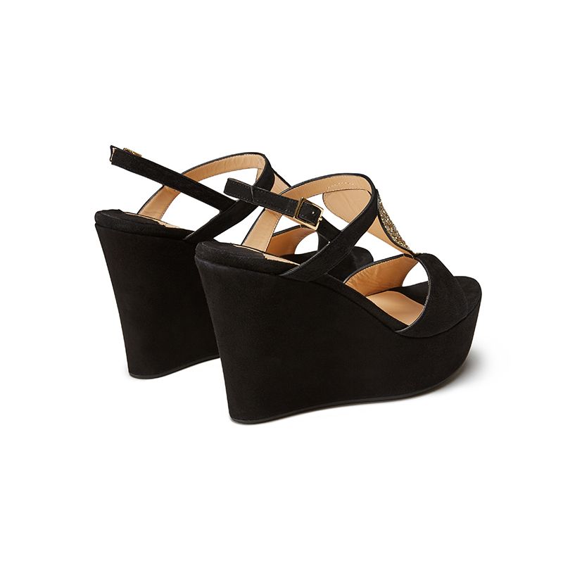 Black suede platform sandals with gold glitter symbols hand made in Italy, women's model by Fragiacomo