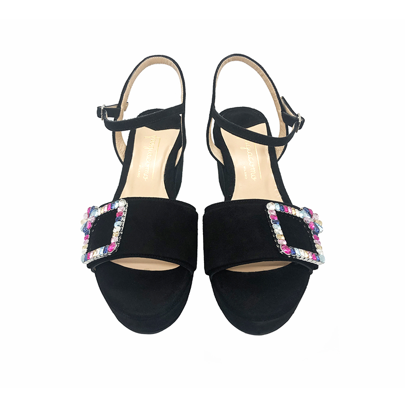 Black suede platform sandals with multicolor crystal buckle hand made in Italy, women's model by Fragiacomo